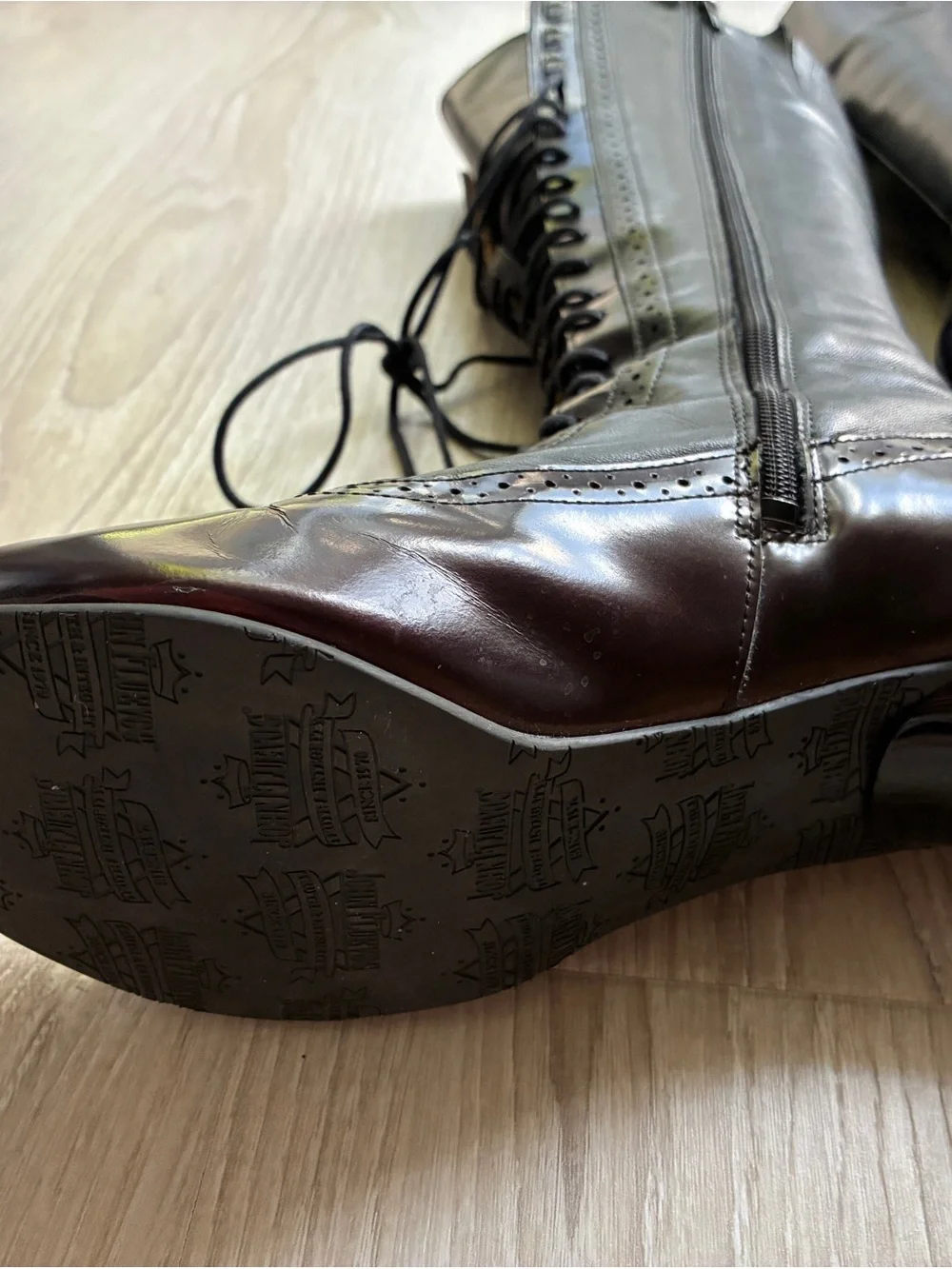 FLUEVOG- Half Truth Sherry, Black and purple Leather Lace-Up tall boots, size 9 - Picture 9 of 16